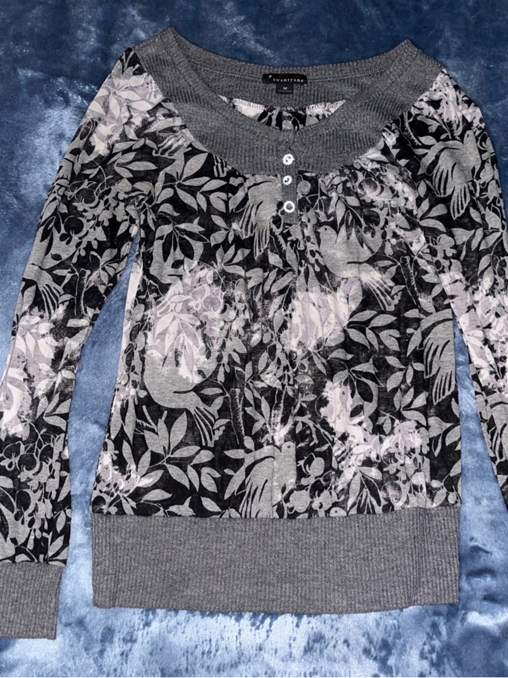 Floral Leaf Print Scoop Neck Sweater - Gray & Black